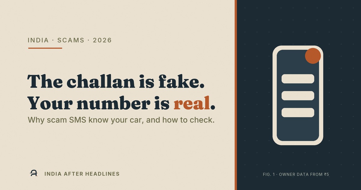 'The challan is fake. Your number is real.' — explainer on fake e-challan SMS scams and vehicle data in India, October 2026.