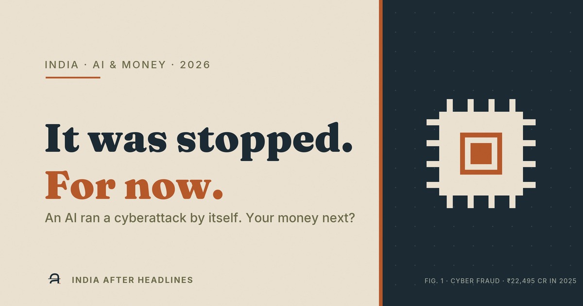 Editorial hero reading 'It was stopped — for now' with FIG. 1 noting ₹22,495 crore lost to cyber fraud in 2025.