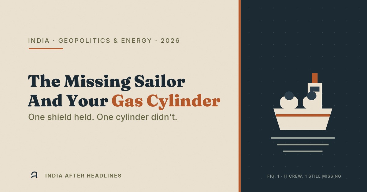 Editorial hero: 'The Missing Sailor And Your Gas Cylinder' — 11 crew, 1 still missing, after the GFS Galaxy attack in the Strait of Hormuz, July 2026.