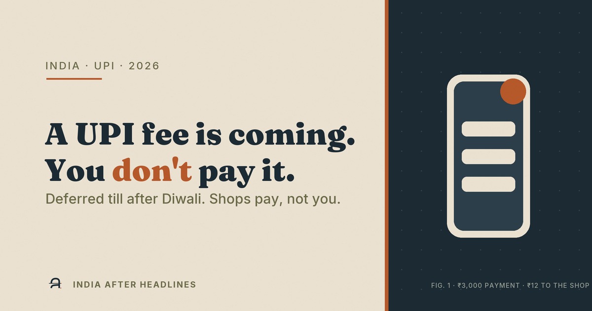 'A UPI fee is coming. You don't pay it.' — the 0.4% merchant fee on UPI payments above ₹2,000, deferred to after Diwali 2026.