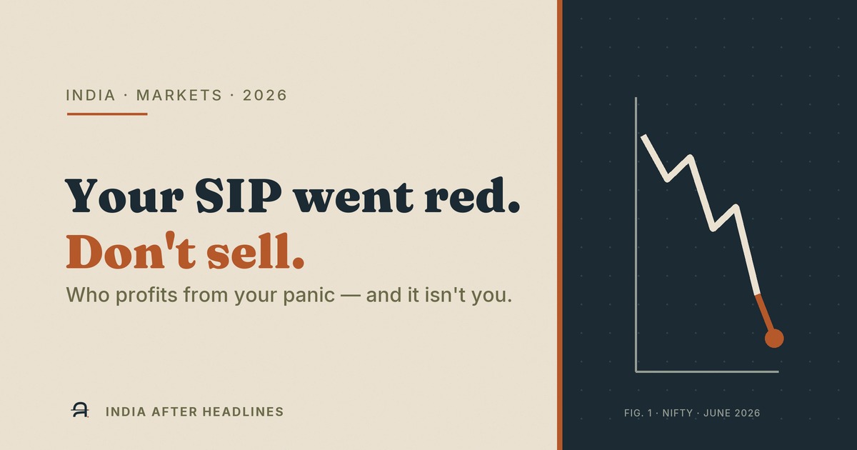 'Your SIP went red. Don't sell.' beside an empty tower — the June 2026 US market crash and its reach into Indian portfolios.