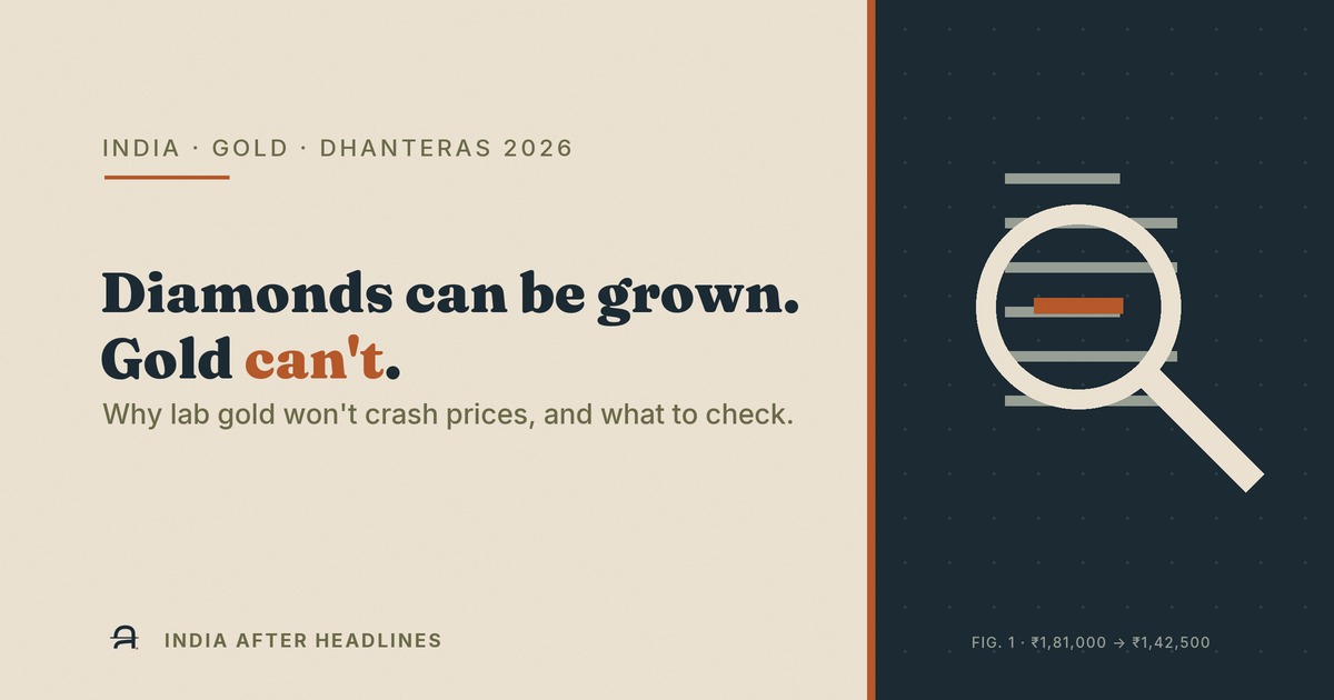 'Diamonds can be grown. Gold can't.' — explainer on lab-grown gold, gold prices and HUID checks before Dhanteras, October 2026.